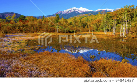 美麗的乘鞍山倒映在乘鞍高原道場池中 美麗的乘鞍山倒映在乘鞍高原道場池中 94841487