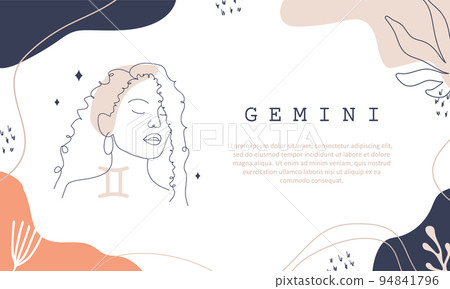 Gemini zodiac sign. One line drawing. Astrological icon with abstract woman face. Mystery and esoteric outline background. Astrology horizontal banner. Linear vector illustration in minimalist style 94841796