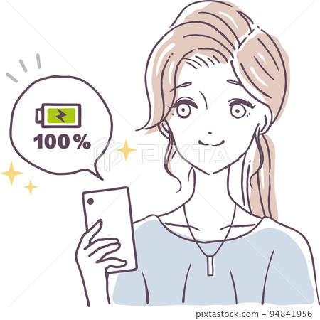 Title: Smartphone charging perfect 100% peace of mind female illustration material Title: Smartphone charging perfect 100% peace of mind female illustration material 94841956