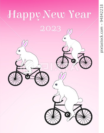 2023 New Year's card, illustration of a rabbit, New Year's card of the year of the rabbit, New Year's card of a bicycle rabbit, cycling rabbits 94842218