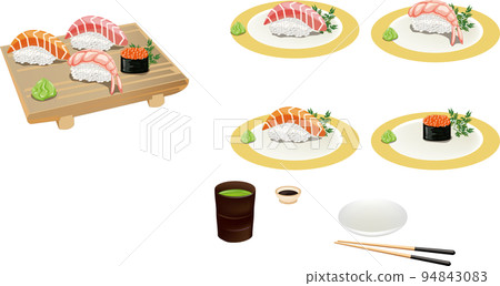 壽司、醬汁、盤子、綠茶、杯子、筷子、醬油、三文魚、金槍魚、大肥金槍魚、蝦、三文魚子、小菜、芥末、金盤 壽司、醬汁、盤子、綠茶、杯子、筷子、醬油、三文魚、金槍魚、大肥金槍魚、蝦、三文魚子、小菜、芥末、金盤 94843083