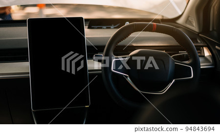 Monitor in EV car with black screen use for GPS. Isolated on white with clipping path. Car display with blank screen. Modern car Monitor in EV car with black screen use for GPS. Isolated on white with clipping path. Car display with blank screen. Modern car 94843694