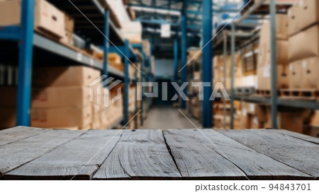 Empty top of wooden shelves on warehouse template background for product display. 94843701