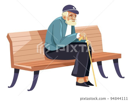 Grandpa sitting on bench with walking stick vector 94844111
