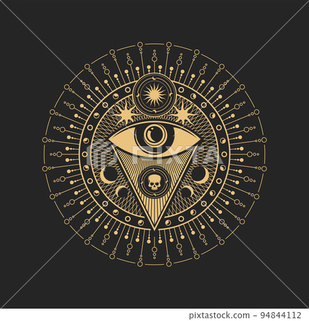 Esoteric occult symbol vector Eye of Providence inside of circle with sun, moon and human skull with dotted pattern around. Spiritual mason or tarot cards symbolic, isolated amulet, alchemy sign 94844112
