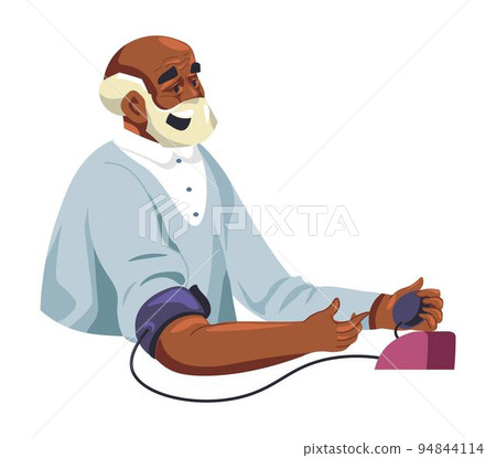 Grandpa using blood pressure device for checkup 94844114