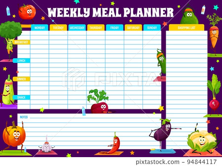 Weekly meal planner. Cartoon vegetable characters on yoga. Meal menu daily calendar, schedule with tomato, broccoli and zucchini, pumpkin, garlic, chili and beet, eggplant, cauliflower cute characters 94844117