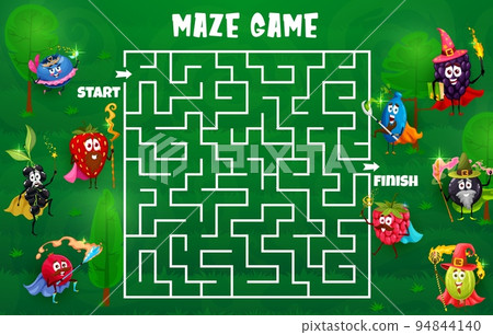 Cartoon funny wizard and fairy berries characters labyrinth maze worksheet. Vector magic fruits game puzzle quiz, find right way riddle with strawberry, blackberry, cranberry, blueberry magicians Cartoon funny wizard and fairy berries characters labyrinth maze worksheet. Vector magic fruits game puzzle quiz, find right way riddle with strawberry, blackberry, cranberry, blueberry magicians 94844140