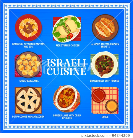Israeli cuisine restaurant menu. Bean cholent, braised lamb with apricots and cookie Hamantaschen, sauce, rice stuffed chicken and almond stuffed chicken breasts, beef with prunes, chickpea falafel 94844209