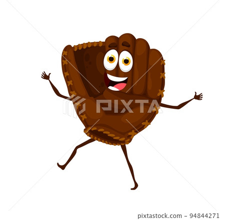 Cartoon cute baseball sport glove character. Isolated vector brown leather mitt, sports personage, school league tournament, team mascot. Softball competition, american baseball game equipment 94844271