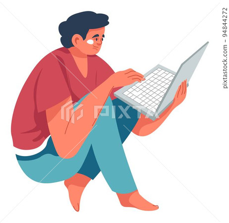 Man typing on laptop, student teenager with gadget 94844272