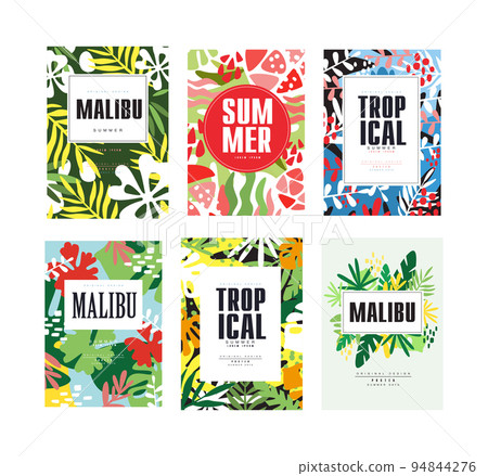 Malibu summer tropical card templates set. Banner, poster, background with exotic plants cartoon vector illustration 94844276