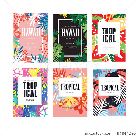 Hawaii summer tropical card templates set. Banner, poster, background with exotic plants cartoon vector illustration Hawaii summer tropical card templates set. Banner, poster, background with exotic plants cartoon vector illustration 94844280