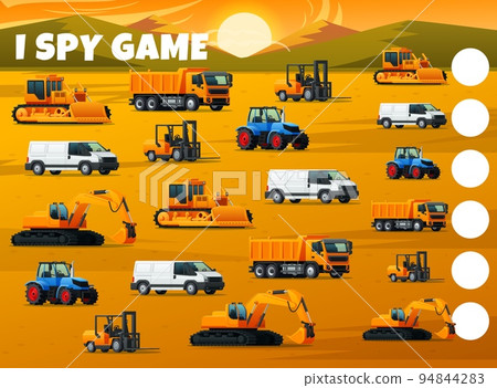 I spy game, construction machinery and transport trucks, vector quiz to find two same objects. Puzzle or riddle game to find and match industry cars, bulldozer and dumper truck, lorry and tractor 94844283