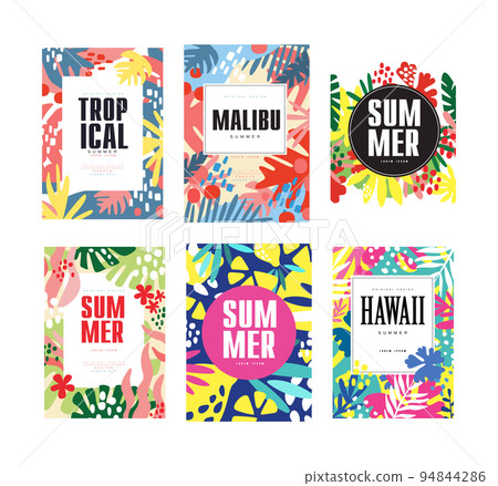 Summer tropical card templates set. Banner, poster, background with exotic plants cartoon vector illustration Summer tropical card templates set. Banner, poster, background with exotic plants cartoon vector illustration 94844286