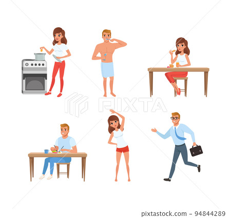Daily routine of man and woman set. People having breakfast, cooking, brushing teeth cartoon vector illustration 94844289