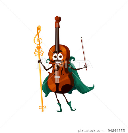 Cartoon violin magician character. Isolated vector musical string instrument wear wiz cape, personage with magic staff. Educational classes for kids, musician wiz with smiling face and bow in hand Cartoon violin magician character. Isolated vector musical string instrument wear wiz cape, personage with magic staff. Educational classes for kids, musician wiz with smiling face and bow in hand 94844355