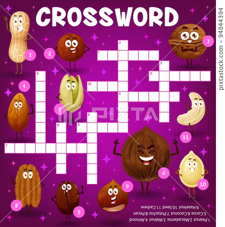 Cartoon cheerful nuts characters vector crossword puzzle game grid. Find a word quiz worksheet with happy seeds, beans and nuts of peanut, almond, pistachio and walnut, cashew, hazelnut and macadamia Cartoon cheerful nuts characters vector crossword puzzle game grid. Find a word quiz worksheet with happy seeds, beans and nuts of peanut, almond, pistachio and walnut, cashew, hazelnut and macadamia 94844394
