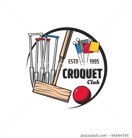 Croquet club icon. Sport league tournament vector round emblem or icon. Croquet sport championship or competition vintage sticker with mallet or hammer, wicket gates, corner flags and ball Croquet club icon. Sport league tournament vector round emblem or icon. Croquet sport championship or competition vintage sticker with mallet or hammer, wicket gates, corner flags and ball 94844395