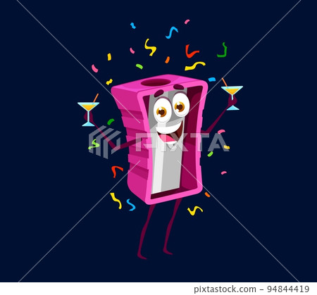 Holiday birthday celebration, cartoon sharpener character. Vector school or office stationery personage holding cocktail glasses under falling confetti. Joyful sharpening tool celebrate party Holiday birthday celebration, cartoon sharpener character. Vector school or office stationery personage holding cocktail glasses under falling confetti. Joyful sharpening tool celebrate party 94844419