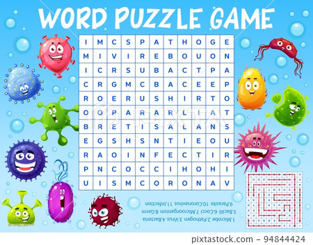 Cartoon germs, viruses and microbes, word search puzzle game worksheet, kids quiz grid. Vector crossword brainteaser, riddle for children with cartoon pathogens and latin letters in square field Cartoon germs, viruses and microbes, word search puzzle game worksheet, kids quiz grid. Vector crossword brainteaser, riddle for children with cartoon pathogens and latin letters in square field 94844424