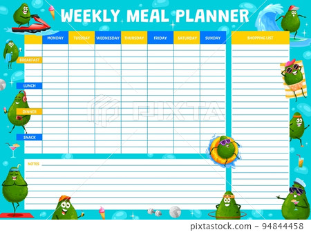 Weekly meal planner with cartoon avocado characters on summer vacation. Vector food plan for week. Calendar menu for breakfast, lunch, dinner and snack with shopping list and funny avocado on vacation 94844458