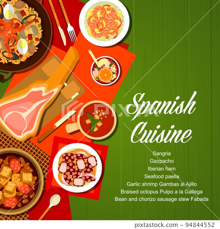 Spanish cuisine menu cover. Iberian ham, garlic shrimp Gambas al Ajillo and seafood paella, gazpacho, braised octopus Pulpo a la Gallegaand Sangria, bean and chorizo sausage stew Fabada 94844552
