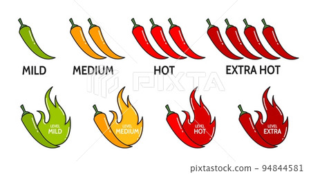 Spicy level labels. Hot tabasco or ketchup sauce, meal spicy mild, medium hot and extra levels vector symbols, indicators or stickers with flaming green, orange and red chilli or jalapeno peppers Spicy level labels. Hot tabasco or ketchup sauce, meal spicy mild, medium hot and extra levels vector symbols, indicators or stickers with flaming green, orange and red chilli or jalapeno peppers 94844581