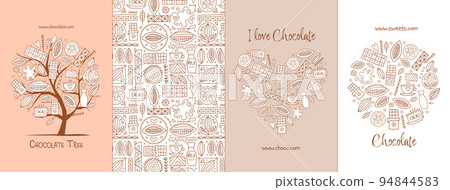Chocolate, cacao and sweets - concept arts collection. Frame, pattern, tree, heart shape. Set for your design project - cards, banners, poster, web, print, social media, promotional materials. Vector Chocolate, cacao and sweets - concept arts collection. Frame, pattern, tree, heart shape. Set for your design project - cards, banners, poster, web, print, social media, promotional materials. Vector 94844583