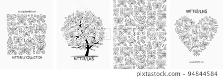 Butterflies collection - frame, tree, backdrop, heart shape. Concept art for your project. Creative template for cards, banner, social media, print promotional materials. Vector illustration Butterflies collection - frame, tree, backdrop, heart shape. Concept art for your project. Creative template for cards, banner, social media, print promotional materials. Vector illustration 94844584