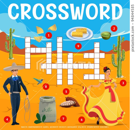 Mexican food and people in national costumes, crossword grid worksheet, vector find word quiz. Crossword riddle to guess word of Mexican matador, cocoa and hummingbird with corn and nachos or cactus 94844585