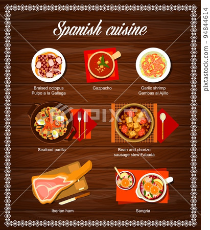 Spanish cuisine restaurant menu template. Braised octopus Pulpo a la Gallega, gazpacho and garlic shrimp Gambas al Ajillo, seafood paella, bean and chorizo sausage stew Fabada and Iberian ham, Sangria 94844614