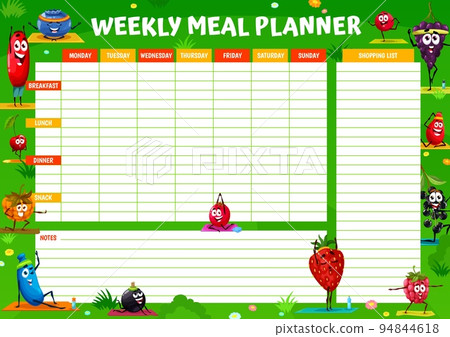 Weekly meal planner. Cartoon berry characters on yoga fitness. Nutrition plan vector timetable, meal menu week schedule with blackcurrant, cowberry and grape, honeyberry, cloudberry, strawberry Weekly meal planner. Cartoon berry characters on yoga fitness. Nutrition plan vector timetable, meal menu week schedule with blackcurrant, cowberry and grape, honeyberry, cloudberry, strawberry 94844618