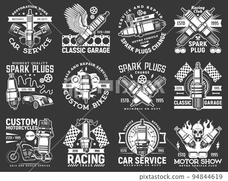 Car service, motor show and racing club icons. Vehicle garage station combustion engine spare parts, pistons and spark plugs, vector retro car and motorcycle, human skull, race flag and speedometer 94844619