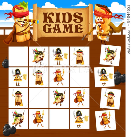 Sudoku game worksheet. Cartoon mexican food pirate and corsair characters. Educational game, children puzzle quiz vector worksheet with tacos, burrito and nachos, tortillas and enchilada Sudoku game worksheet. Cartoon mexican food pirate and corsair characters. Educational game, children puzzle quiz vector worksheet with tacos, burrito and nachos, tortillas and enchilada 94844652