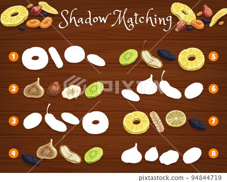 Shadow matching game worksheet. Dried fruits. Kids quiz or riddle, preschool children educational game or children vector puzzle with dried prune, mango and fig, dogwood, lemon and kiwi, pineapple 94844719