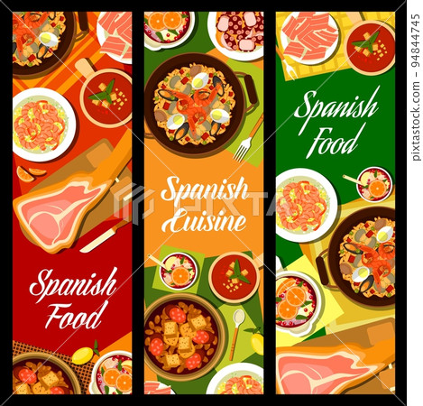 Spanish cuisine restaurant food banners. Garlic shrimp Gambas al Ajillo, Sangria and braised octopus Pulpo a la Gallega, Iberian ham, bean and chorizo sausage stew Fabada and seafood paella, gazpacho 94844745