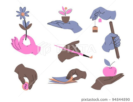 Hand holding flower and apple, money and pencil Hand holding flower and apple, money and pencil 94844890