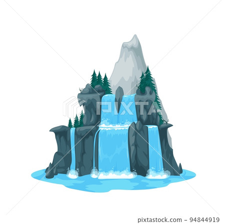 Natural park cartoon water cascade stream, isolated river waterfall. Island clean stream, water waterfall travel background, natural park blue aqua flow vector game asset with spruce trees on cliff 94844919