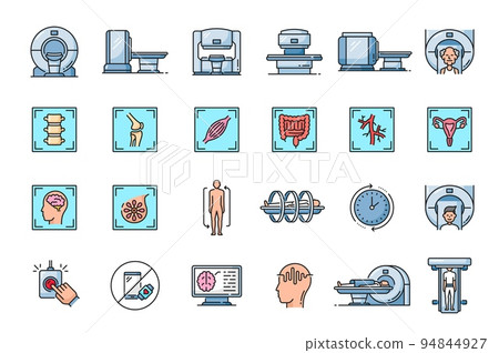 MRI scan diagnostic color icons. Medicine diagnostic equipment, hospital MRI scanner outline symbols, healthcare magnetic resonance imaging machine vector icons with human organs, patients on testing MRI scan diagnostic color icons. Medicine diagnostic equipment, hospital MRI scanner outline symbols, healthcare magnetic resonance imaging machine vector icons with human organs, patients on testing 94844927