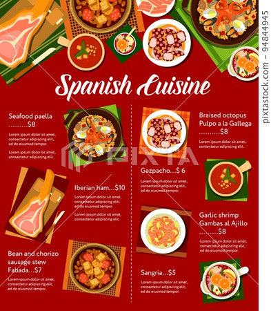 Spanish cuisine menu page design template. Garlic shrimp Gambas al Ajillo, bean and chorizo sausage stew Fabada and seafood paella, gazpacho, Sangria and braised octopus Pulpo a la Gallega, jamon 94844945