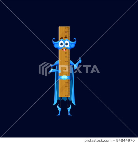 Cartoon school ruler superhero character. Isolated vector funny straightedge stationery measurement tool for math and geometry lessons. Superhero smiling scale personage wear blue cloak and mask 94844970