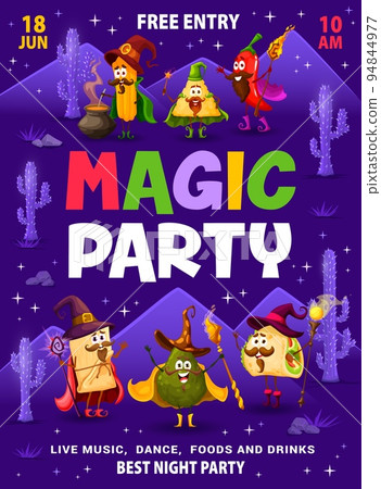 Magic party flyer, cartoon Tex Mex Mexican food wizards characters, vector poster. Kids party flyer with cheerful burrito wizard, taco mage and avocado sorcerer with magic wand for entertainment event Magic party flyer, cartoon Tex Mex Mexican food wizards characters, vector poster. Kids party flyer with cheerful burrito wizard, taco mage and avocado sorcerer with magic wand for entertainment event 94844977