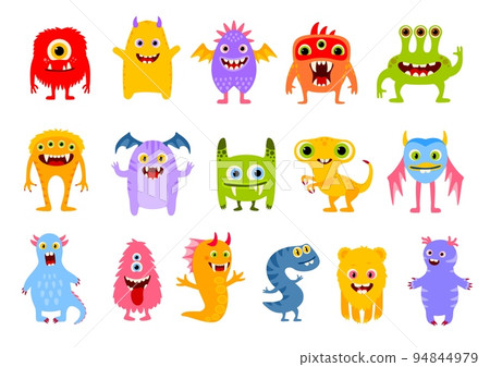 Cartoon funny monster characters. Cute comic halloween joyful personages. Isolated vector devils, goblins, ugly aliens, kawaii smiling creatures. Mutants with horns, wings, fangs and eyes, tongues 94844979