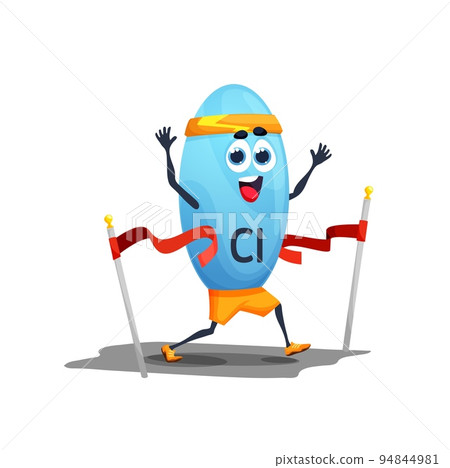Cartoon chlorium sportsman character finishes. Funny vector athlete Cl personage cross red ribbon on finish during running race, marathon, sport competition. Champion chemical element, healthy life 94844981