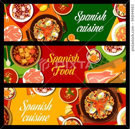 Spanish cuisine meals vector banners. Iberian ham, garlic shrimp Gambas al Ajillo and bean and chorizo sausage stew Fabada, Sangria, seafood paella and braised octopus Pulpo a la Gallega, gazpacho 94844983