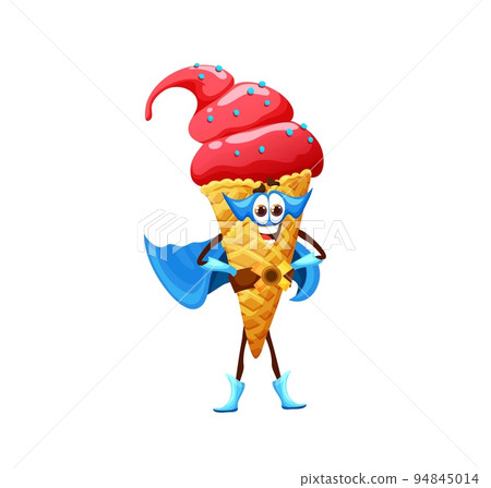 Cartoon ice cream cone superhero character. Happy smiling gelato or sundae ice cream hero personage wearing mask, cloak and boots. Fast food cafe or gelateria sweet dessert cute vector character 94845014