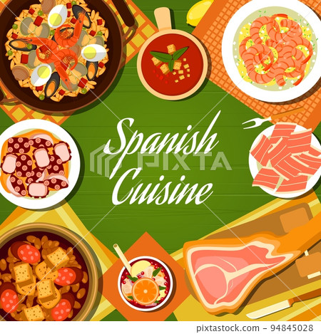 Spanish cuisine meals menu cover page. Seafood paella, Iberian ham and gazpacho, garlic shrimp Gambas al Ajillo, braised octopus Pulpo a la Gallega and Sangria, bean and chorizo sausage stew Fabada 94845028