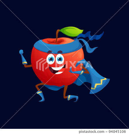 Cartoon ripe red superhero character. Vector funny fruit super hero in blue mask and cloak smiling. Fairy tale personage isolated healthy food, brave strong garden apple with green leaf on stem 94845106
