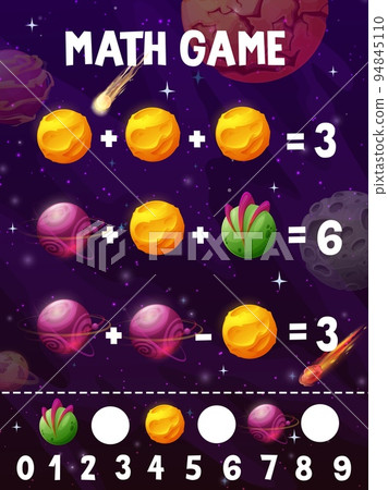 Math game kids quiz worksheet. Fantastic galaxy cartoon space planets, stars and comets. Addition and subtraction math puzzle or kids mathematical vector riddle with fantastic planets and asteroids 94845110